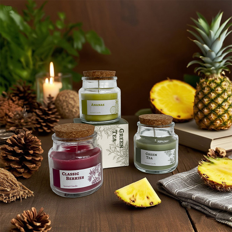 Bougie en cire de soja parfumée aux fruits dans un bocal en verre avec bouchon en liège – Logo personnalisé