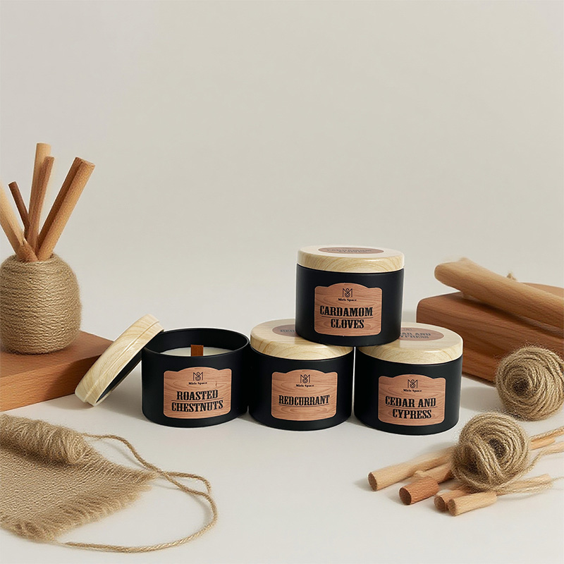 Couvercle en bois noir Étiquette de grain de bois Bougie parfumée Logo personnalisé privé