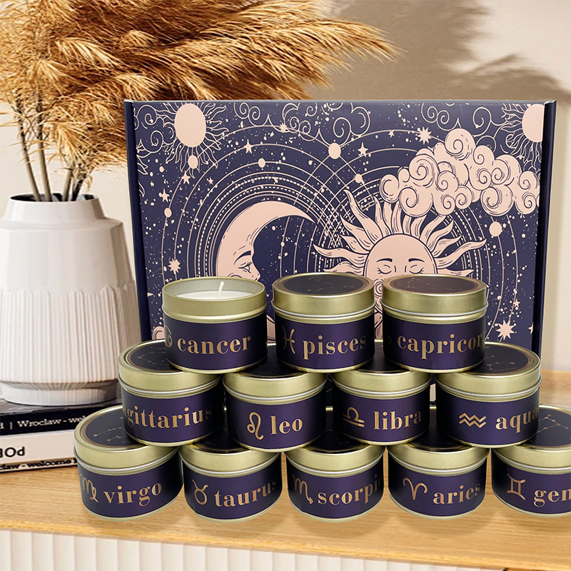 Coffret cadeau de bougies parfumées en étain Zodiac Healing Cire de soja naturelle